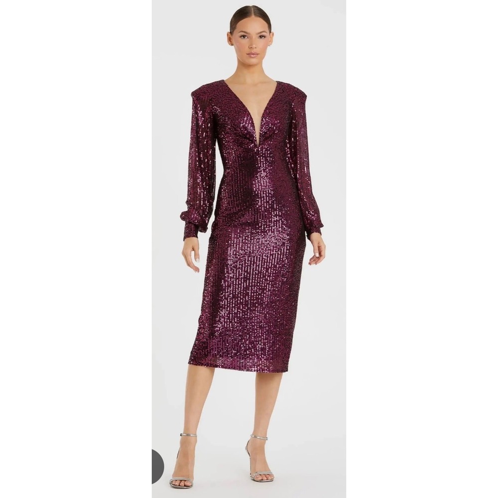 Ieena Mac Duggal Sequin Midi Dress Magenta Berry V-Neck Long Sleeve Cocktail NEW
